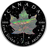 Holo Diamond Dust Maple Leaf silver coin reverse, showing an iridescent maple leaf against a black, sparkling background.