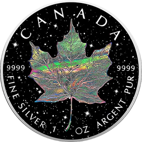 Holo Diamond Dust Maple Leaf silver coin reverse, showing an iridescent maple leaf against a black, sparkling background.