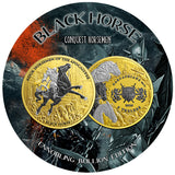 Carpathians 2026 5 Thalers Black Horse Ennobling Bullion 1 oz Silver Coin Certificate front showing Reverse and Obverse of coin- Certificate is circular with BlLACK HORSE in Black Print in the legend at the Top with the words CONQUEST HORSEMAN written beneath it. In the Legend at the bottom are the words ENNOBLING BULLION EDITION