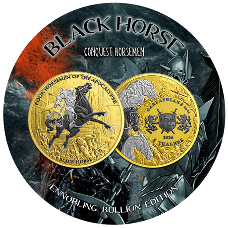 Carpathians 2026 5 Thalers Black Horse Ennobling Bullion 1 oz Silver Coin Certificate front showing Reverse and Obverse of coin- Certificate is circular with BlLACK HORSE in Black Print in the legend at the Top with the words CONQUEST HORSEMAN written beneath it. In the Legend at the bottom are the words ENNOBLING BULLION EDITION