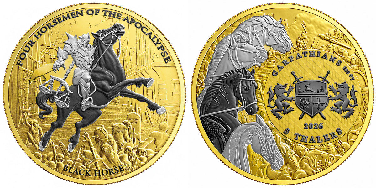 The Obverse and Reverse of Carpathians 2026 5 Thalers Black Horse Ennobling Bullion 1 oz Silver Coin