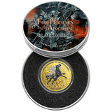 Carpathians 2026 5 Thalers Black Horse Ennobling Bullion 1 oz Silver Coin Colourful Tin Case opened and howing Gold ennobled Coin sitting in it's capsule surrounded by protective black foam.