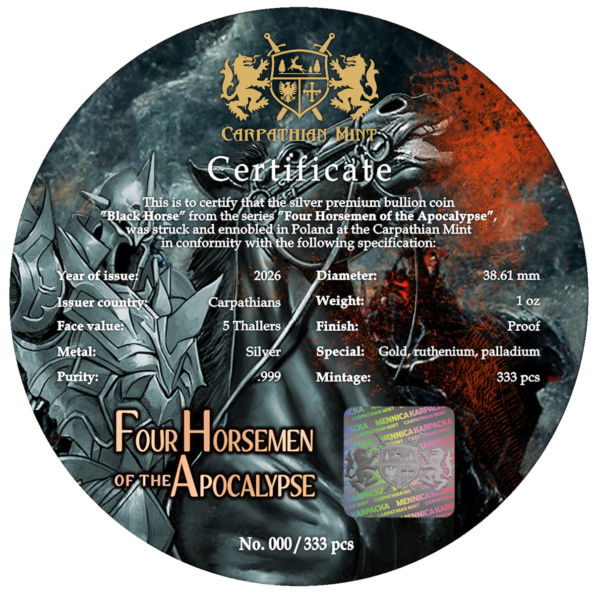 PRE-ORDER Carpathians 2026 5 Thalers Black Horse Ennobling Bullion 1 oz Silver Coin Certificate showing Coin Specifications and Hologram Security label