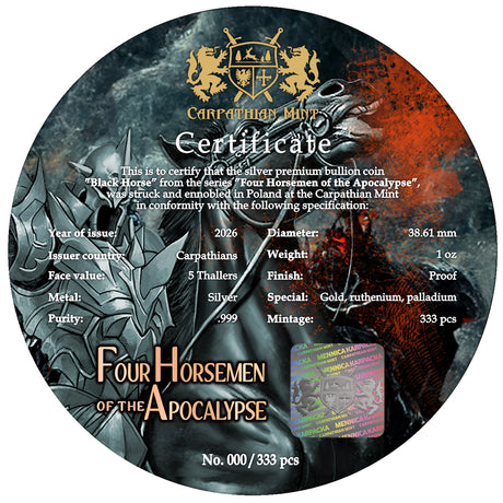 PRE-ORDER Carpathians 2026 5 Thalers Black Horse Ennobling Bullion 1 oz Silver Coin Certificate showing Coin Specifications and Hologram Security label