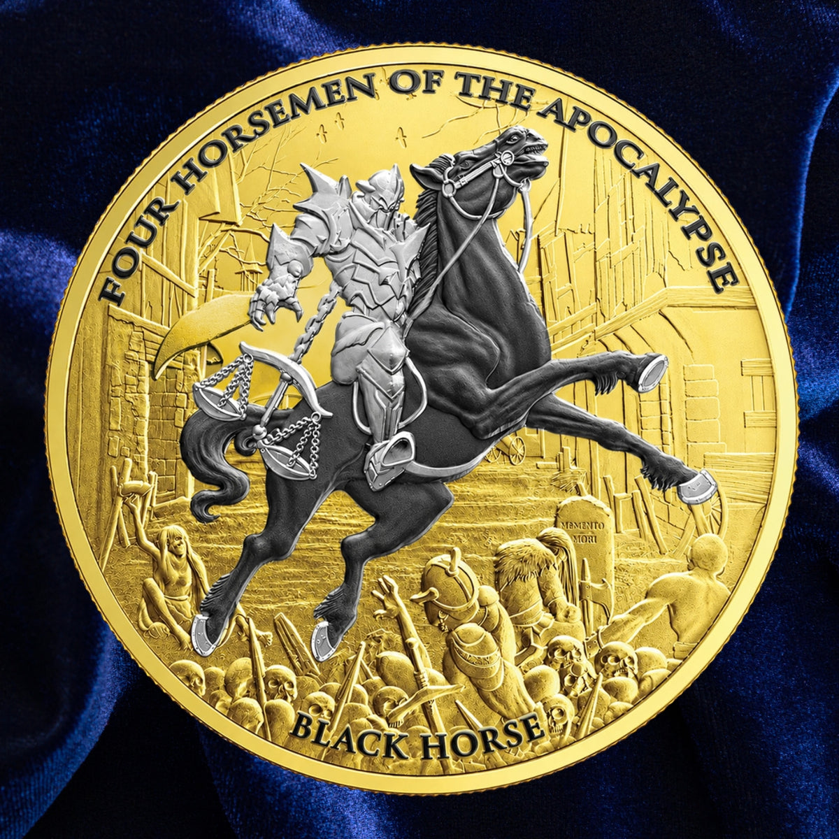 A round gold-toned commemorative coin featuring a detailed relief of a knight on a rearing black horse, with the text 'FOUR HORSEMEN OF THE APOCALYPSE' around the edge and 'BLACK HORSE' at the bottom, displayed against a dark blue satin background.