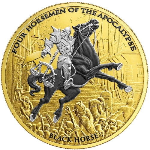 A round gold-toned commemorative coin featuring a detailed relief of a knight on a rearing black horse, with the text 'FOUR HORSEMEN OF THE APOCALYPSE' around the edge and 'BLACK HORSE' at the bottom, displayed against a dark blue satin background.