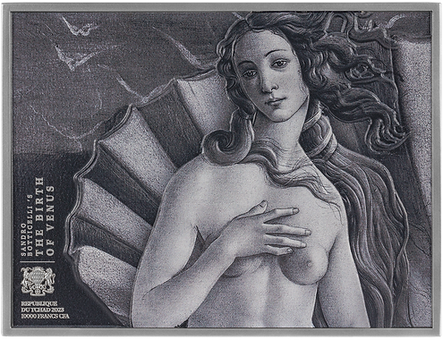 Artistic depiction of a woman with long hair and a draped garment, likely inspired by classical art, with text on the left side.