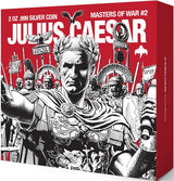Julius Caesar-themed silver coin packaging with red background and black and white illustrations.