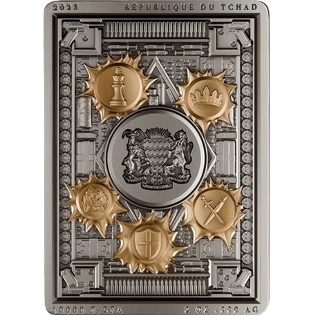 2025 Chad Genovese coin obverse with Chad coat of arms, five gold-accented emblems and 10000 Francs CFA inscription.