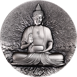 Statue of Buddha in meditation pose with a textured circular background