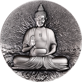 Statue of Buddha in meditation pose with a textured circular background