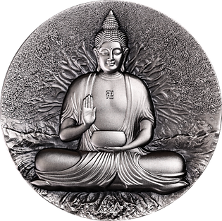 Statue of Buddha in meditation pose with a textured circular background
