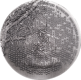 Circular metal object with engraved text and design, possibly a coin or medallion.