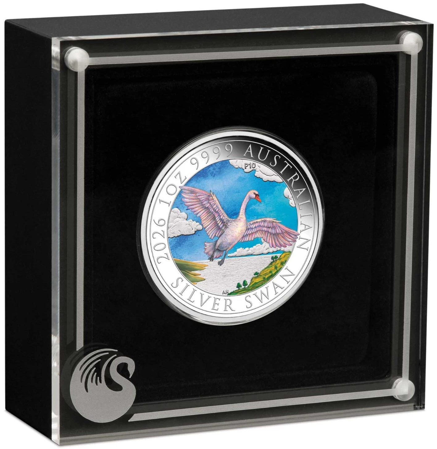 Silver coin with a swan design in a black display case