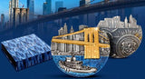 Brooklyn Bridge New York coin with cityscape background