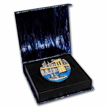 Medal with a design of a bridge in a black display case on a white background