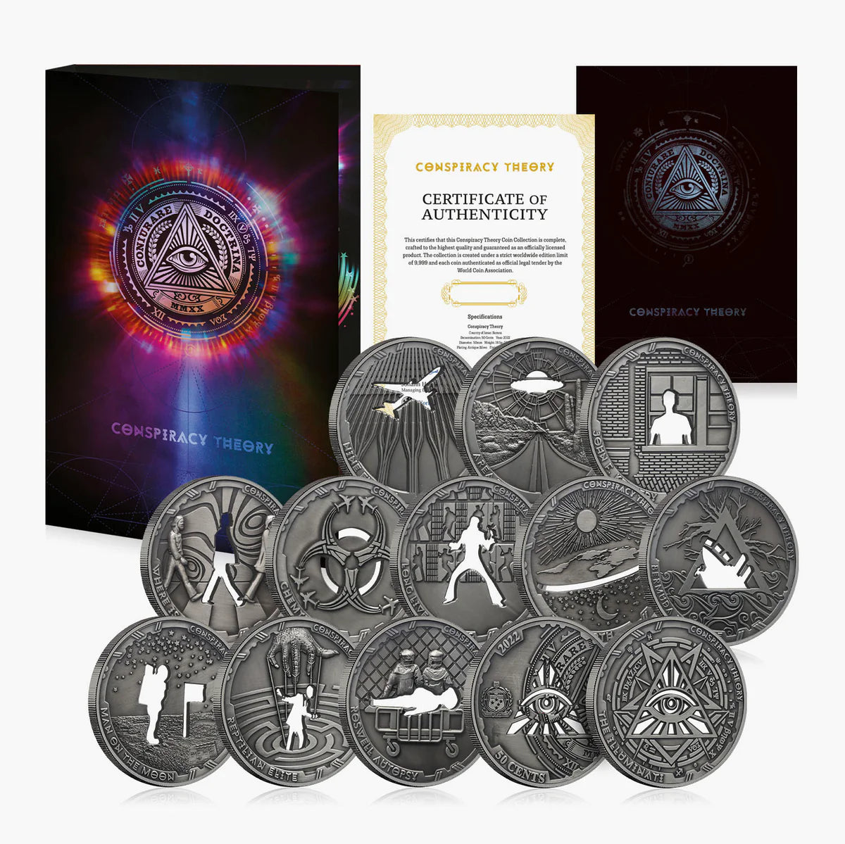Samoa 2022 50 Cents CONSPIRACY THEORY Complete Coin Collection- 12 x 50mm Coins UV Ink, Antique SIlver .999 Plating, Cut Out Technique