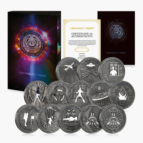 Samoa 2022 50 Cents CONSPIRACY THEORY Complete Coin Collection- 12 x 50mm Coins UV Ink, Antique SIlver .999 Plating, Cut Out Technique