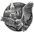 Silver coin featuring a owl with a letter and Hogwarts castle, 'Harry Potter' branding.