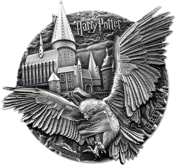 Silver coin featuring a owl with a letter and Hogwarts castle, 'Harry Potter' branding.