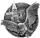Silver coin featuring a owl with a letter and Hogwarts castle, 'Harry Potter' branding.