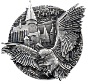 Silver coin featuring a owl with a letter and Hogwarts castle, 'Harry Potter' branding.