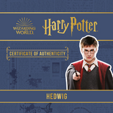 Certificate of Authenticity for Hedwig from Harry Potter with a character holding a owl on a blue background.