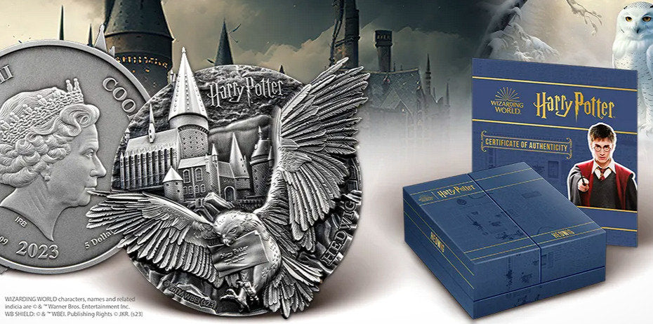 Harry Potter-themed silver coin, box, and book with castle and owl design.