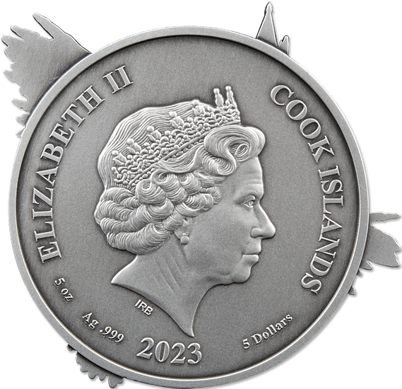 Silver coin with profile of a queen and text 'Elizabeth II', 'Cook Islands', '2023', and '5 oz Ag .999' on a white background.