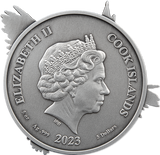 Silver coin with profile of a queen and text 'Elizabeth II', 'Cook Islands', '2023', and '5 oz Ag .999' on a white background.
