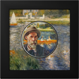 Auguste Renoir silver coin displayed in a black frame against artwork from The Skiff, creating a miniature gallery presentation.