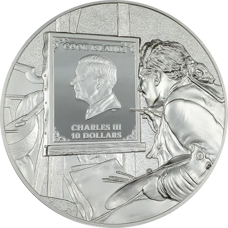 Sculpted obverse showing an artist at an easel painting a framed portrait of King Charles III, with Cook Islands and 10 Dollars inscriptions.