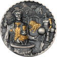 Decorative coin with intricate designs and characters, featuring a central figure with a dog and various elements.