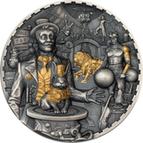 Decorative coin with intricate designs and characters, featuring a central figure with a dog and various elements.