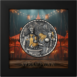 Steampunk-themed coin with a circus background