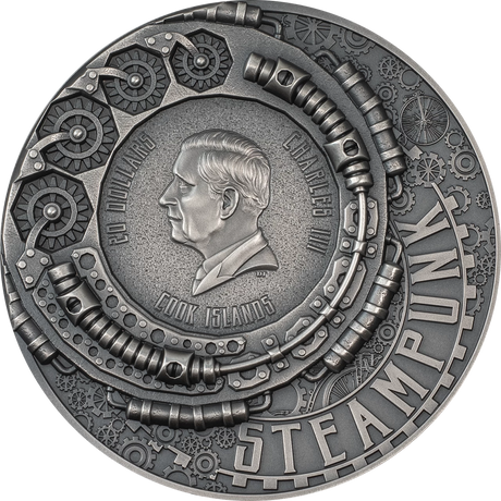 Silver coin with steampunk design and portrait, featuring intricate mechanical elements.