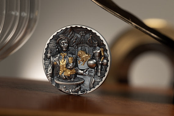 Decorative coin with intricate design on a wooden surface