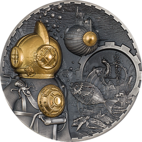 Decorative Steampunk coin with gold diving helmet and underwater scene
