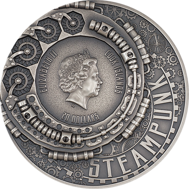 Silver coin with steampunk design and portrait, featuring the text 'Steampunk' and 'Elizabeth II'.