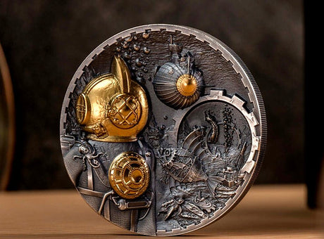Decorative coin with intricate designs on a dark background