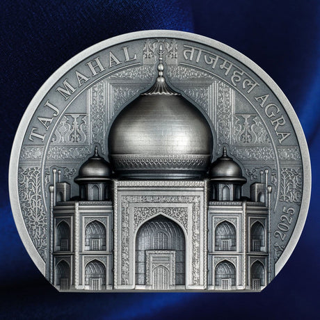 Cook Islands 2025 Taj Mahal silver coin reverse, showing the raised dome, detailed façade and interior ornament against an antique finish.