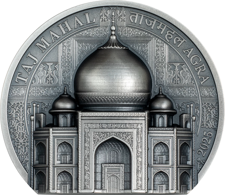 Detailed frontal view of the Taj Mahal coin reverse, showing the sculpted domes, ornate arches and Taj Mahal Agra inscriptions.
