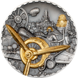 Decorative coin with mechanical design, gold propeller, and cityscape background