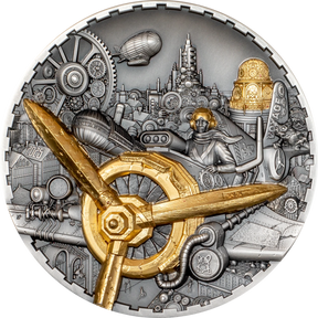 Decorative coin with mechanical design, gold propeller, and cityscape background