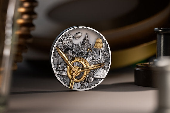 Decorative coin with intricate design on a dark background