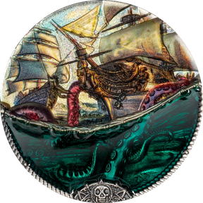 Circular artwork of a ship being attacked by an octopus with a detailed background.