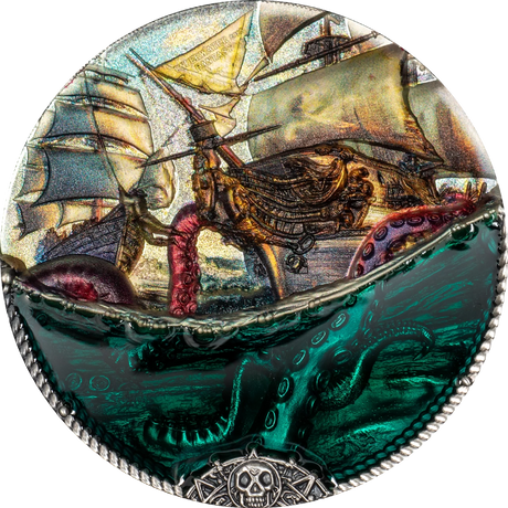 Circular artwork of a ship being attacked by an octopus with a detailed background.