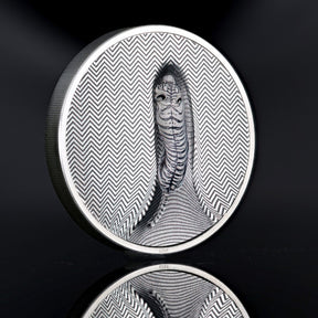 Cook Islands 2026 Tiger 3oz silver coin, showing a white tiger amid striped camouflage on a reflective black surface.