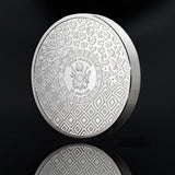 Cook Islands Tiger coin obverse with the coat of arms, 20 Dollars inscription and geometric camouflage pattern.