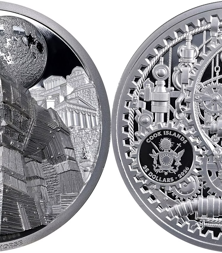 Two circular silver coins shown side by side on a white background, featuring detailed relief artwork and text reading 'COOK ISLANDS 25 DOLLARS 2025'.